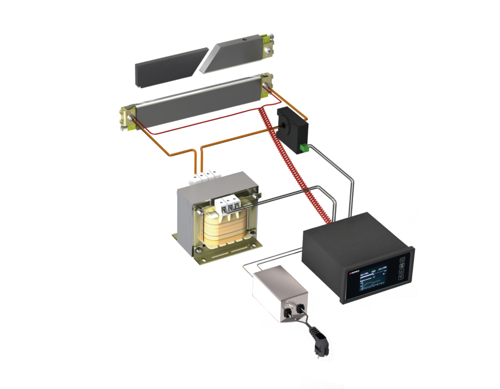 Système complet Résistron avec régulateur, transformateur, filtre réseau, outillage et isolants – technologie de soudure par impulsion.